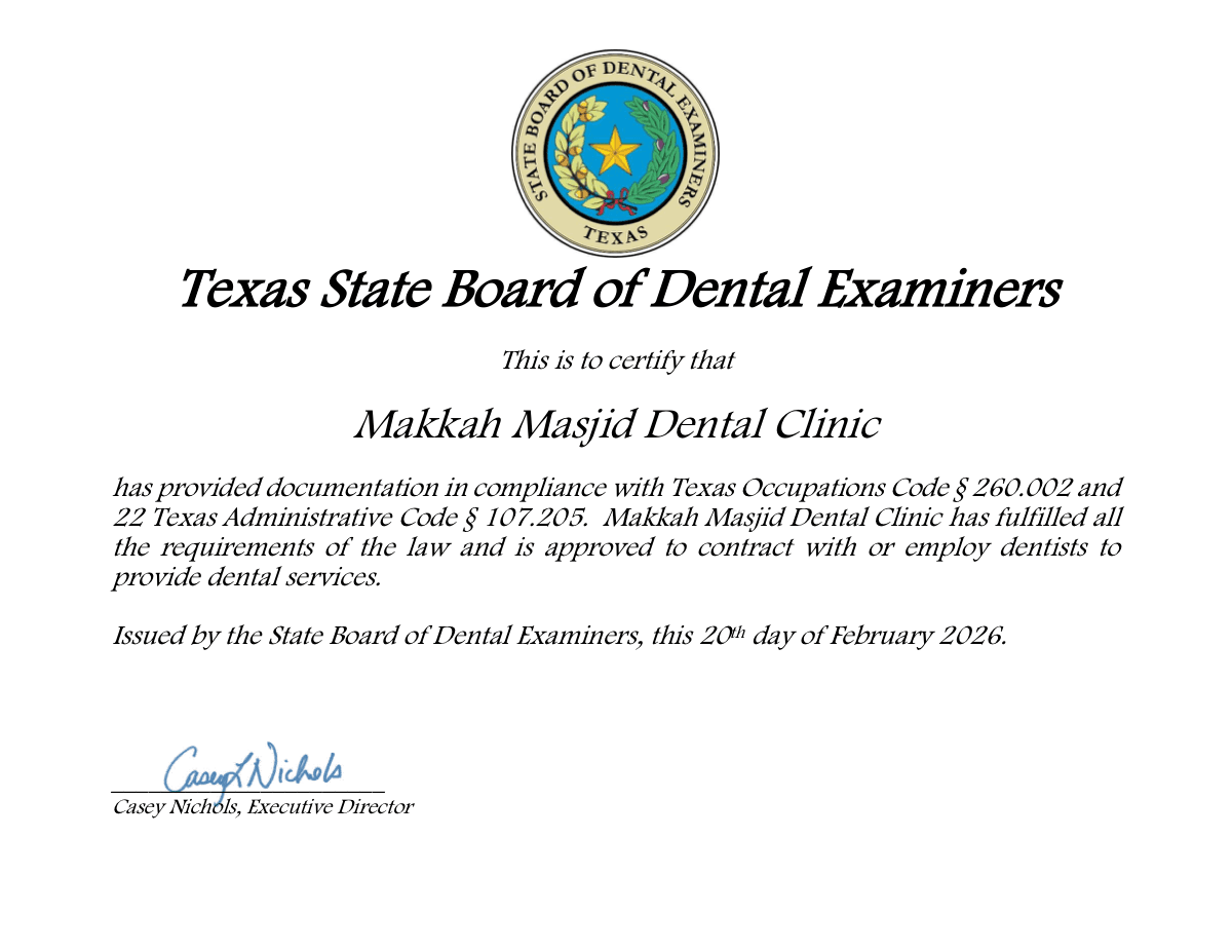 Texas State Board of Dental Examiners Certificate — Makkah Masjid Dental Clinic
